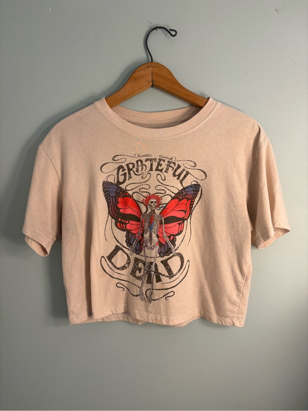 Grateful Dead Pale Pink Crop Tee with Red & Purple Butterfly